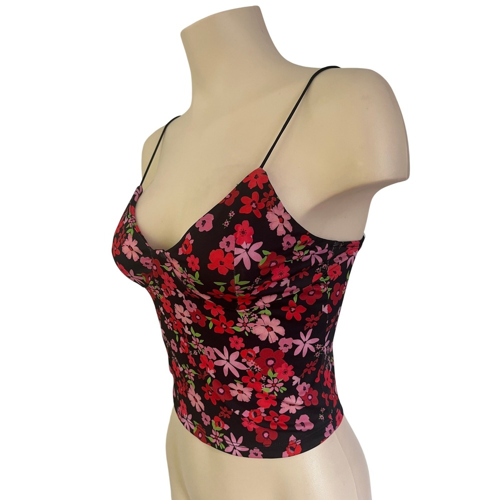 Bershka Floral Cami Crop Top Red Pink Sweetheart Neck Spaghetti Strap Medium